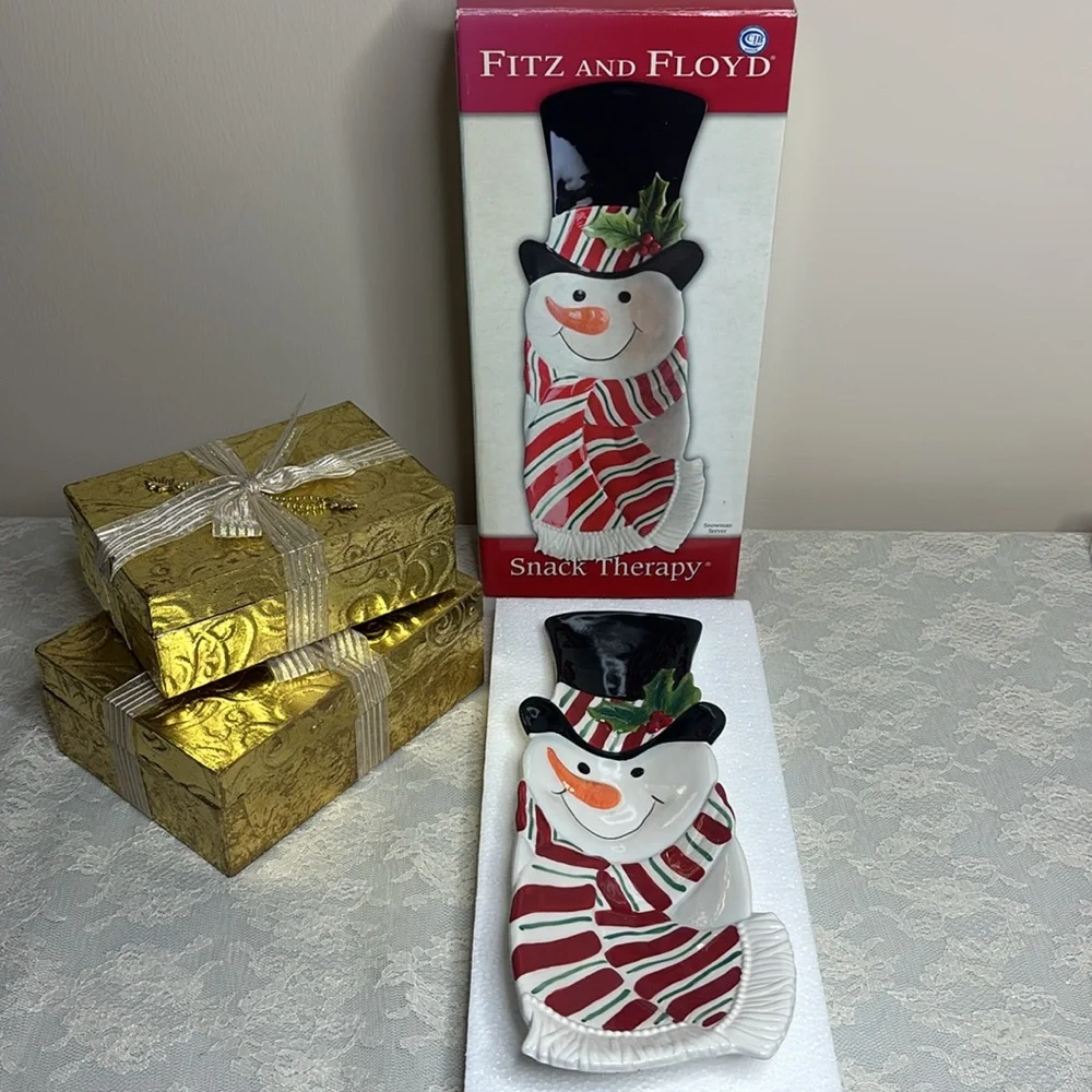 Fitz & Floyd Serving Plate Snack Therapy Snowman Tray Dish Vintage Christmas Red